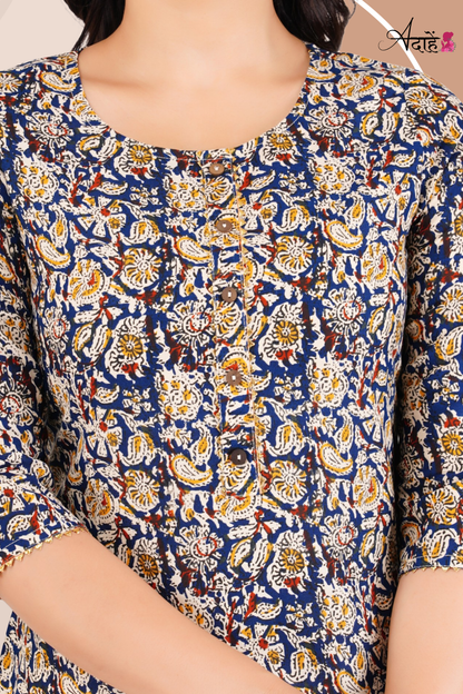 Adaahe Women's Blue Jaipuri Printed Cotton Kurti - Adaahe