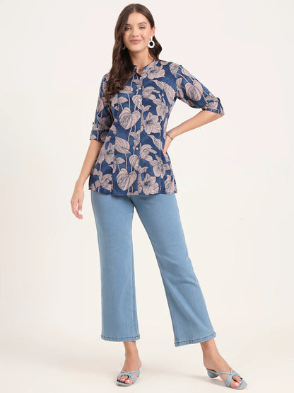 Adaahe Navy & Dusty Pink Floral Print Top for Women