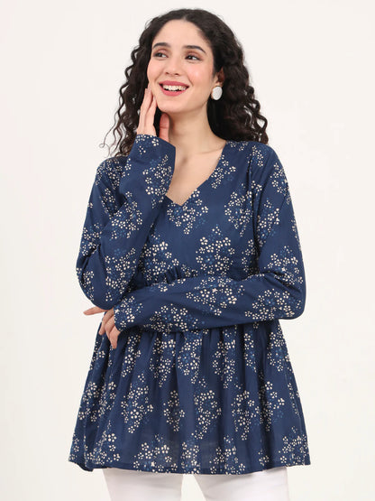 Adaahe Indigo & White Floral Print Peplum Top for Women