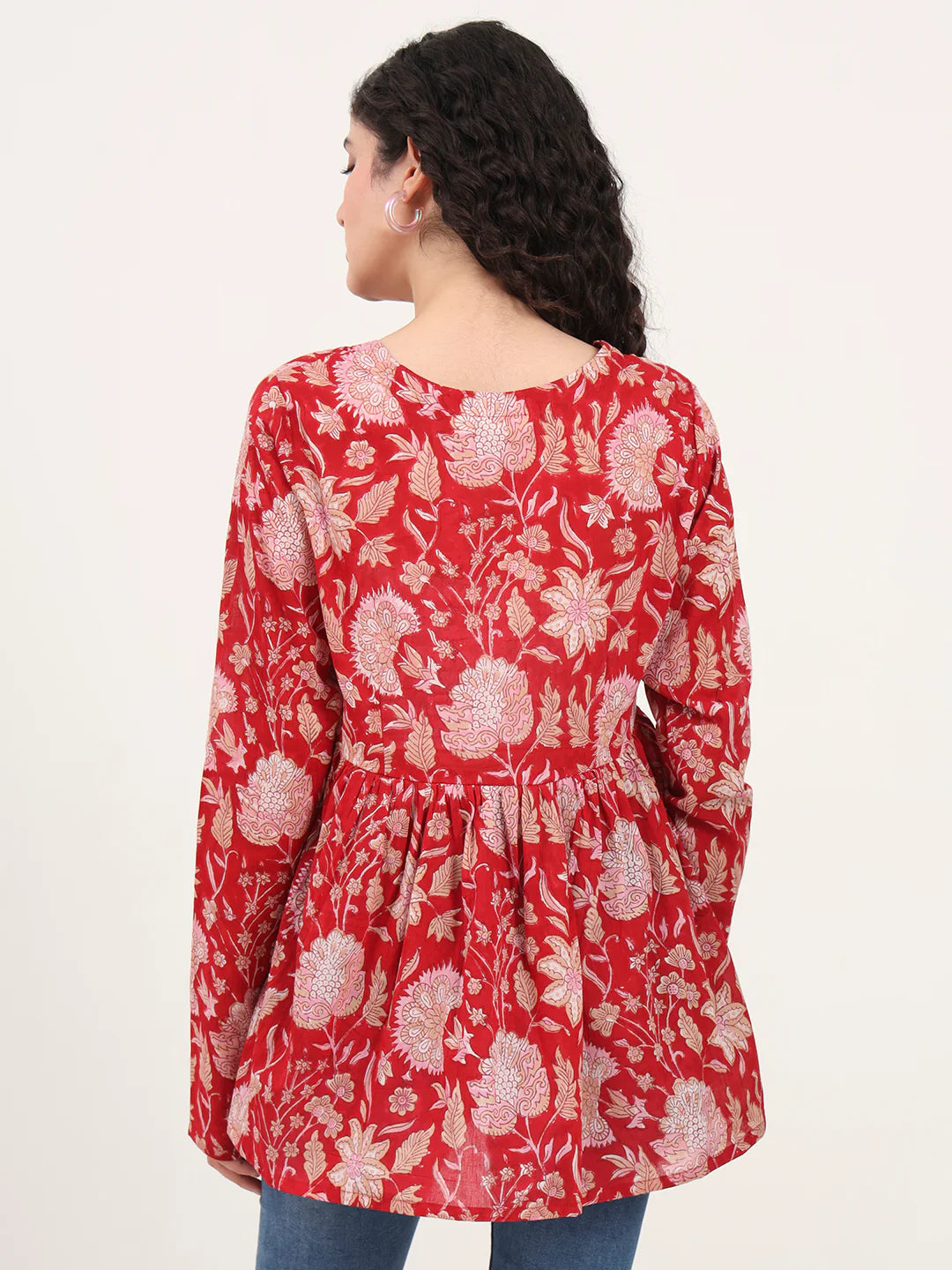 Adaahe Red & Pink Floral Print Peplum Top for Women
