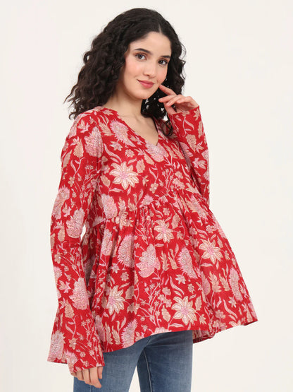 Adaahe Red & Pink Floral Print Peplum Top for Women