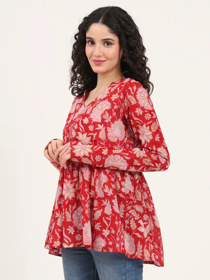Adaahe Red & Pink Floral Print Peplum Top for Women