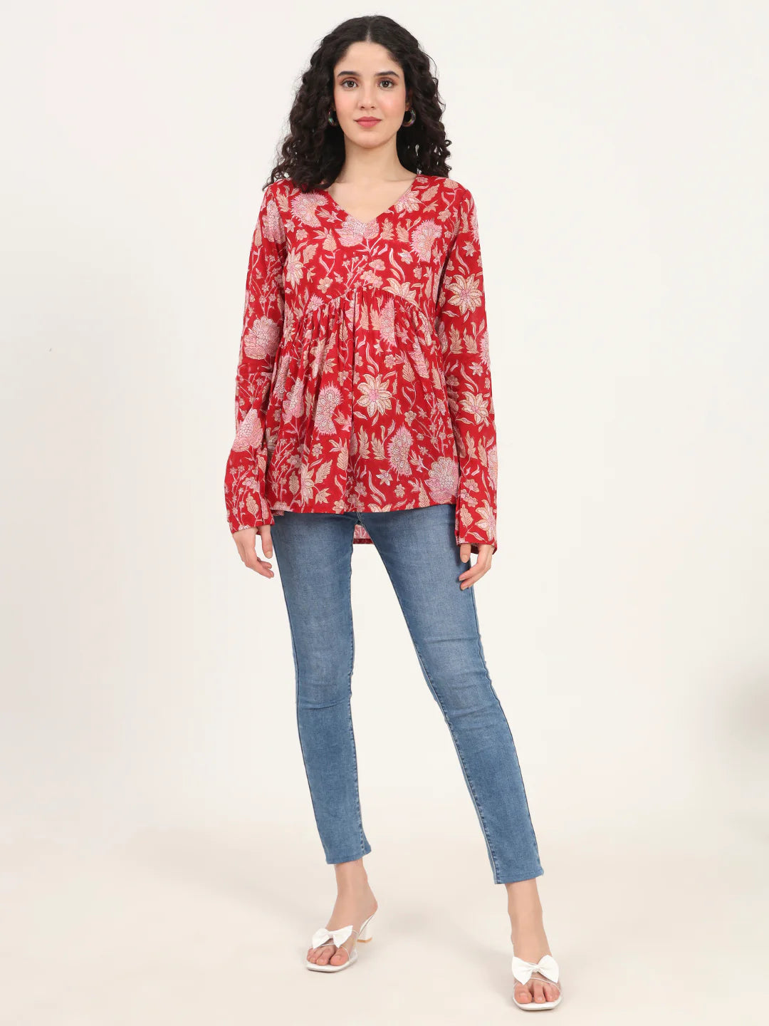 Adaahe Red & Pink Floral Print Peplum Top for Women
