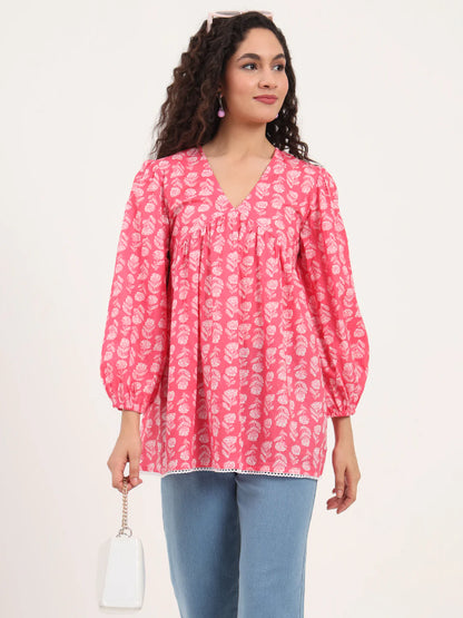 Adaahe Pink Floral V-Neck Top for Women
