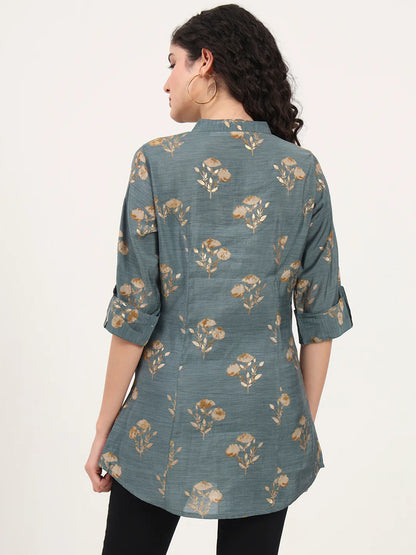 Adaahe Grey & Gold Floral Printed Top for Women