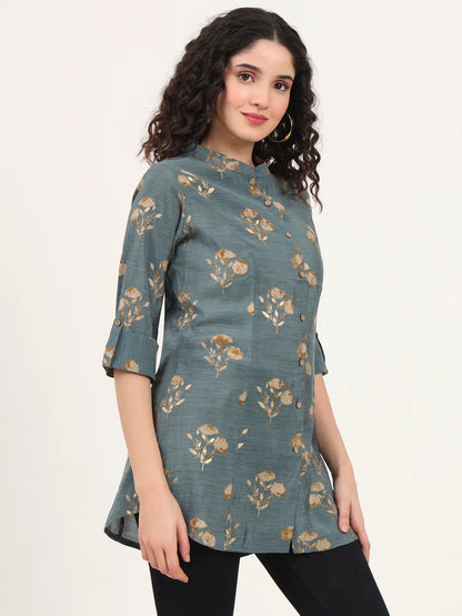 Adaahe Grey & Gold Floral Printed Top for Women