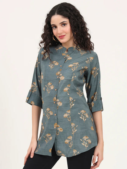 Adaahe Grey & Gold Floral Printed Top for Women