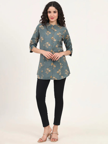 Adaahe Grey & Gold Floral Printed Top for Women