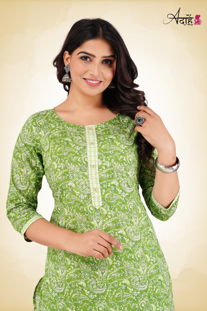 Adaahe Women’s Green Printed Kurti with Straight Pants - Adaahe