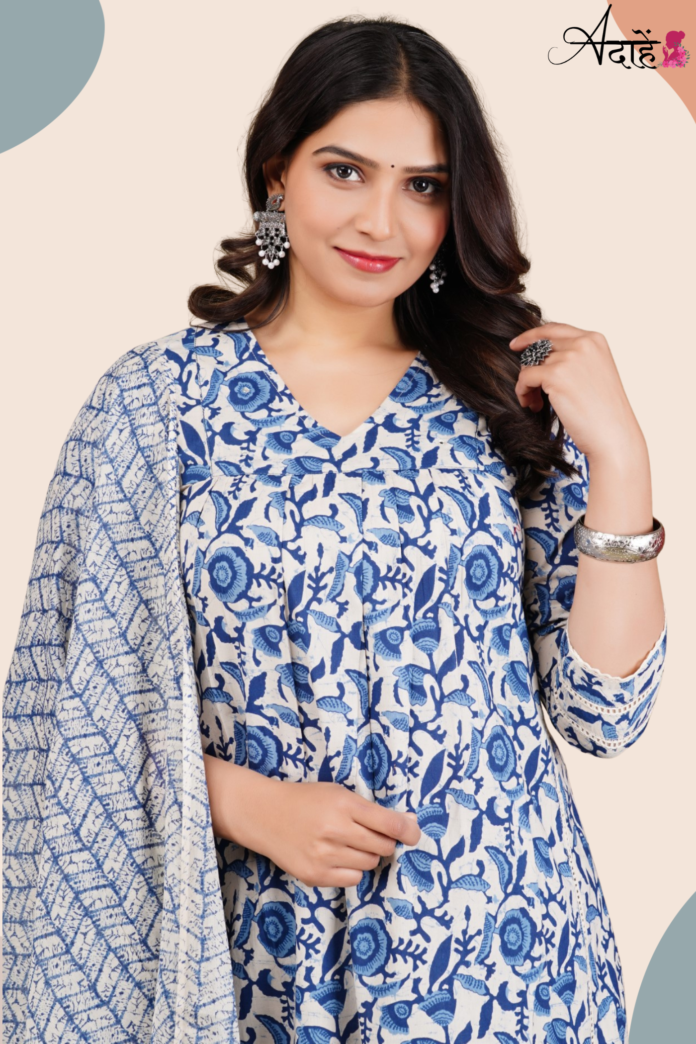 Adaahe Women's Pure Cotton Kurta Set with Dupatta | Blue & White Floral Print - Adaahe