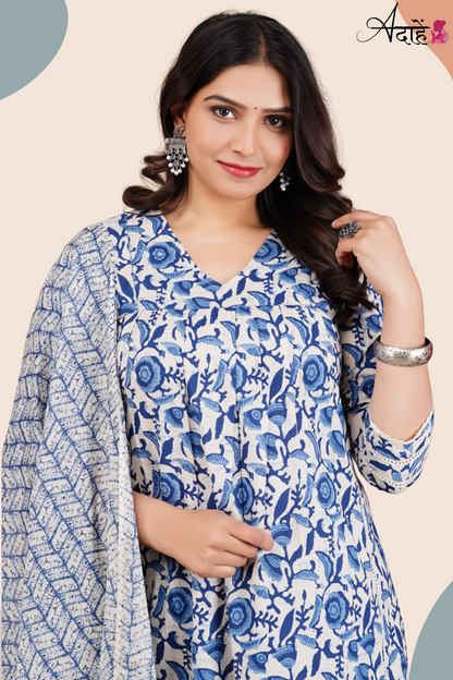 Adaahe Women's Pure Cotton Kurta Set with Dupatta | Blue & White Floral Print - Adaahe