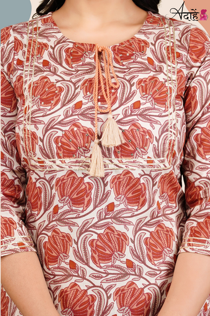 Adaahe Women's Pure Cotton Kurta Set with Dupatta | Earthy Floral & Striped Print - Adaahe