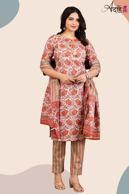 Adaahe Women's Pure Cotton Kurta Set with Dupatta | Earthy Floral & Striped Print - Adaahe