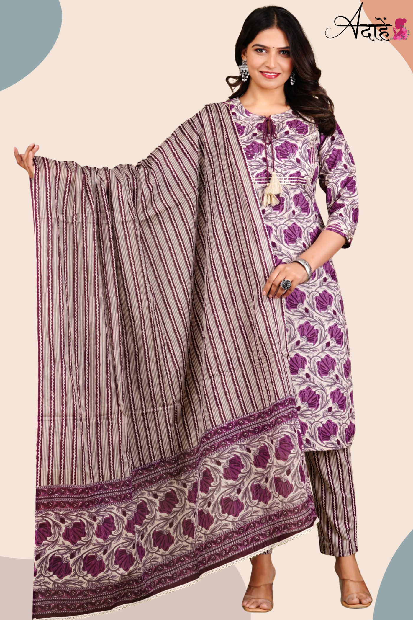 Adaahe Women's Pure Cotton Kurta Set with Dupatta | Purple Floral & Striped Print - Adaahe