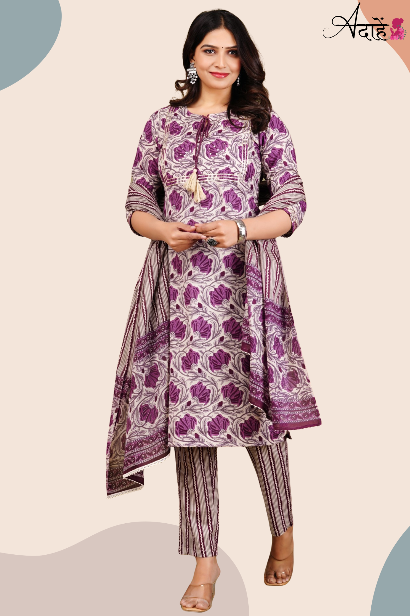 Adaahe Women's Pure Cotton Kurta Set with Dupatta | Purple Floral & Striped Print - Adaahe