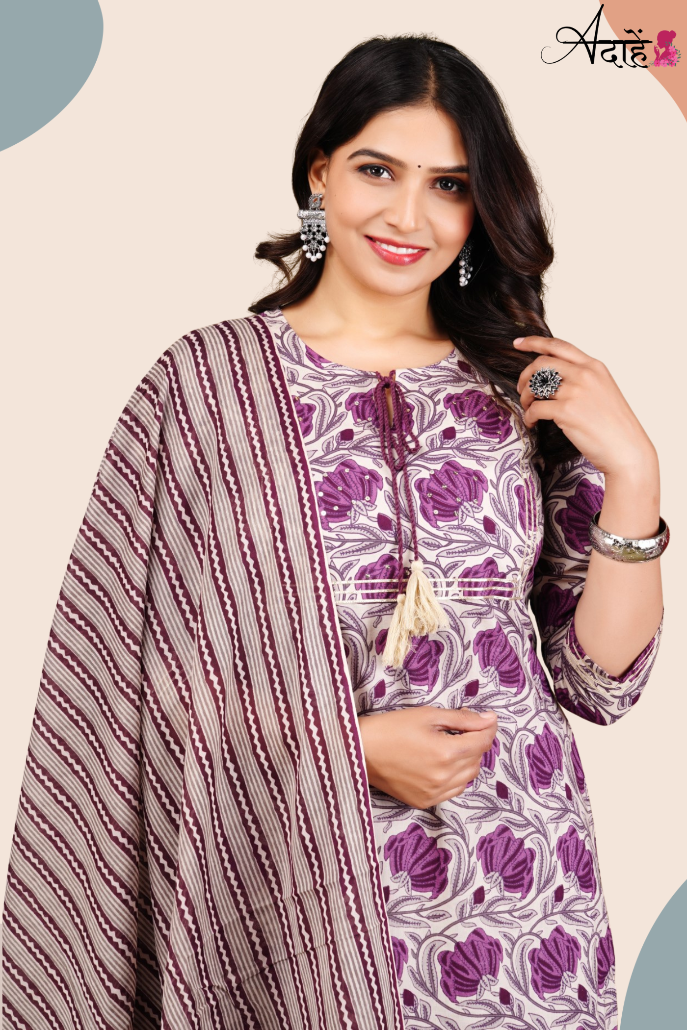 Adaahe Women's Pure Cotton Kurta Set with Dupatta | Purple Floral & Striped Print - Adaahe