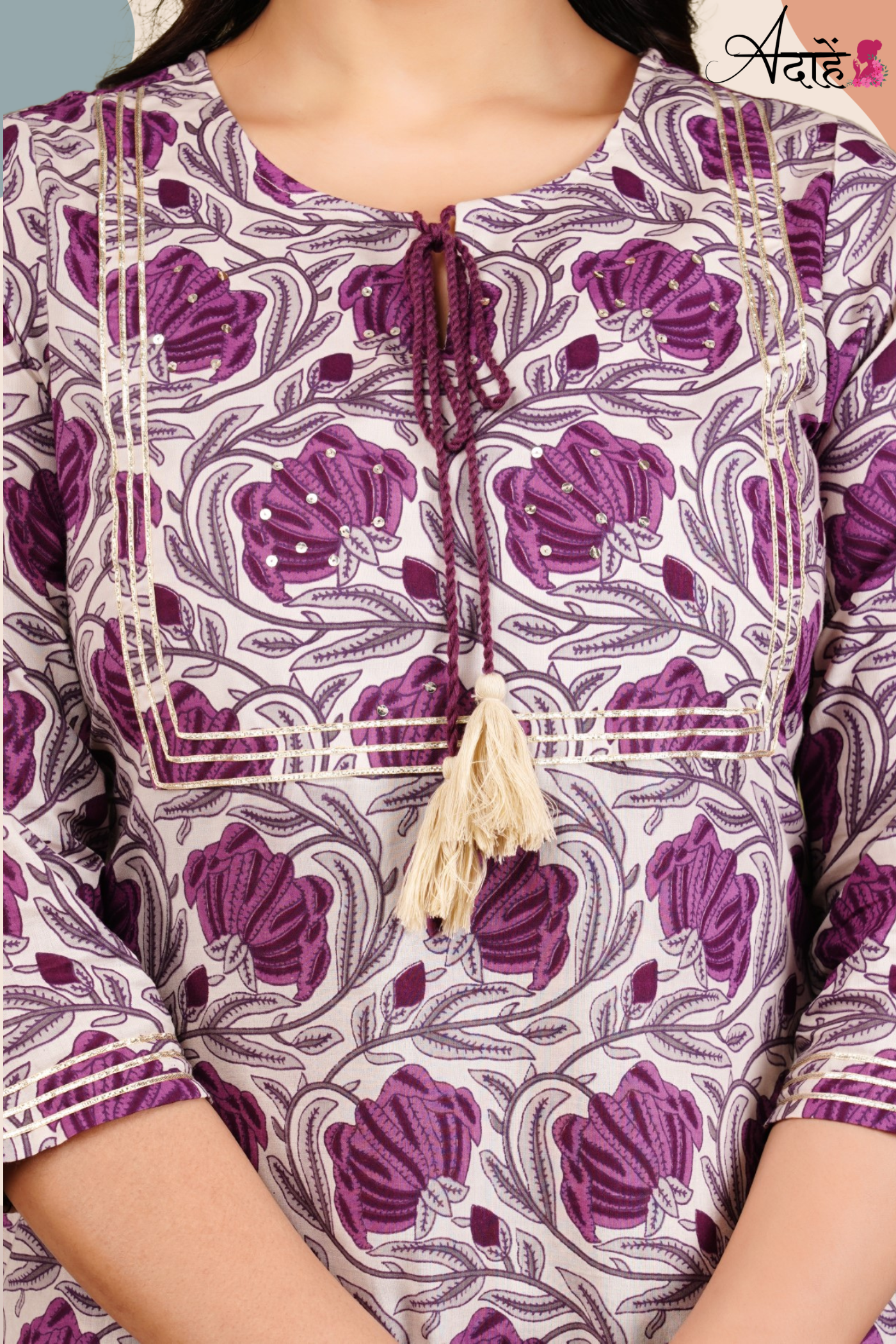 Adaahe Women's Pure Cotton Kurta Set with Dupatta | Purple Floral & Striped Print - Adaahe