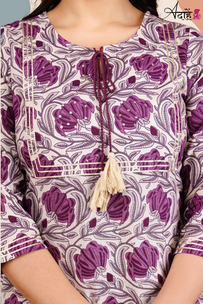 Adaahe Women's Pure Cotton Kurta Set with Dupatta | Purple Floral & Striped Print - Adaahe