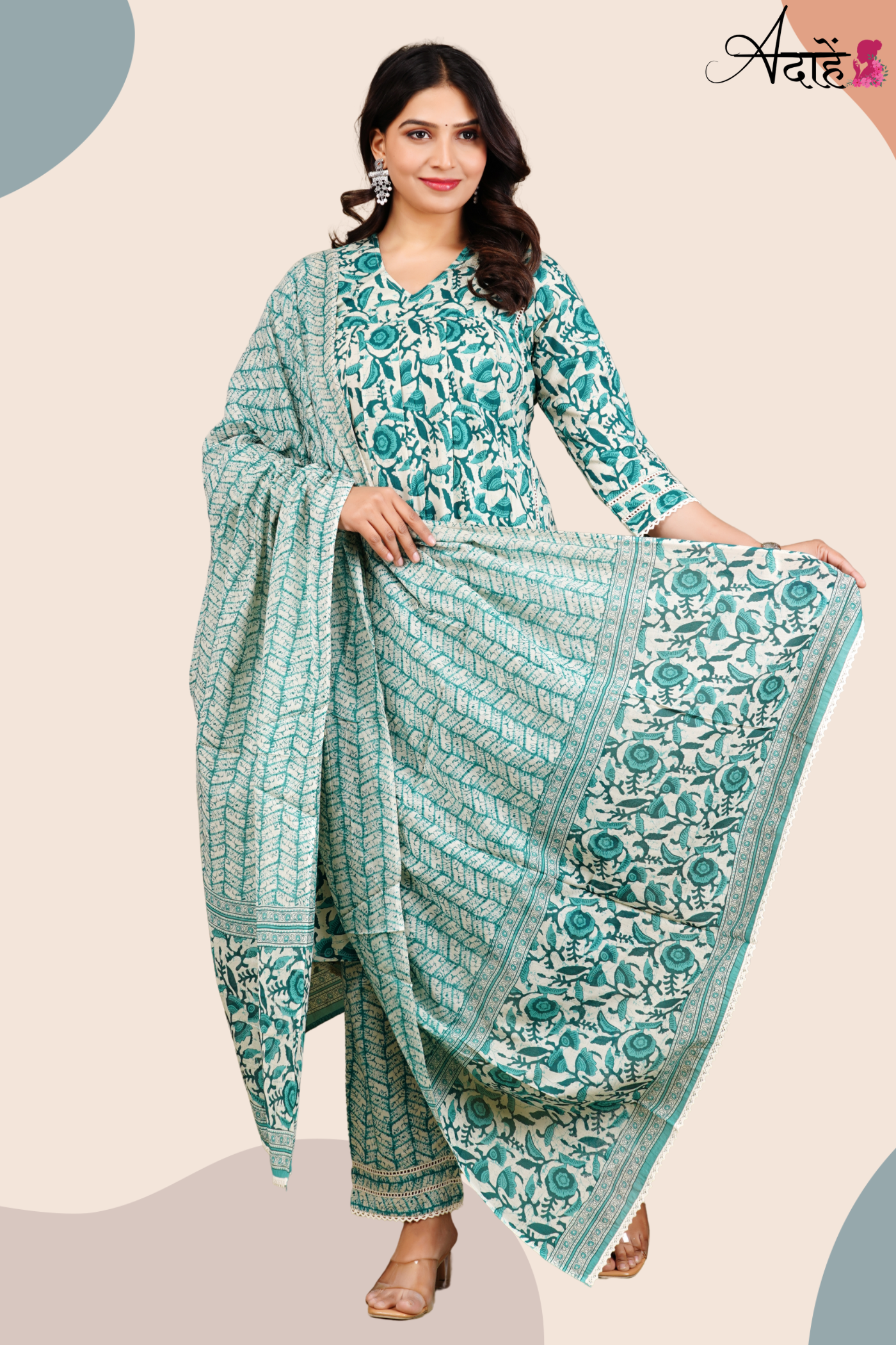 Adaahe Women's Pure Cotton Kurta Set with Dupatta | Sea Green Floral Print - Adaahe