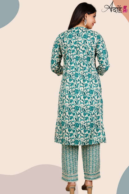 Adaahe Women's Pure Cotton Kurta Set with Dupatta | Sea Green Floral Print - Adaahe