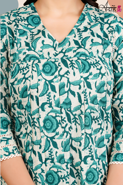 Adaahe Women's Pure Cotton Kurta Set with Dupatta | Sea Green Floral Print - Adaahe