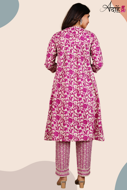 Adaahe Women's Pure Cotton Printed Kurta Set with Dupatta | Stylish Pink & Cream Floral Design - Adaahe