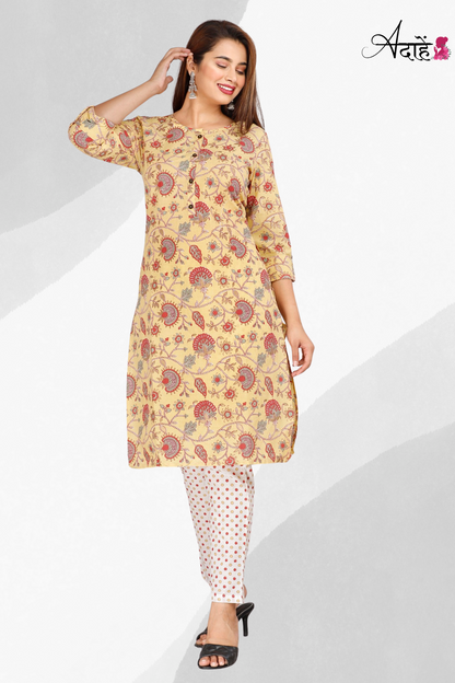 Adaahe Women's Stylish Yellow Printed Kurta Set - Adaahe